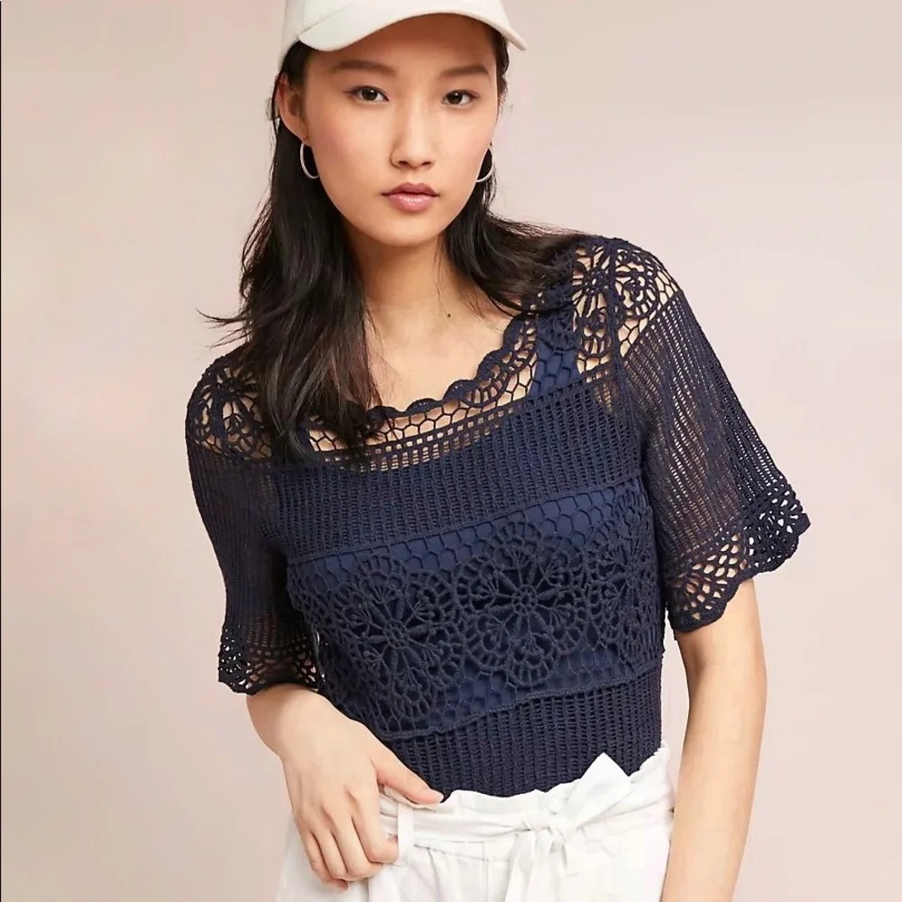 Anthropologie / James Coviello Navy Crochet Lace Short Sleeve Top - size small